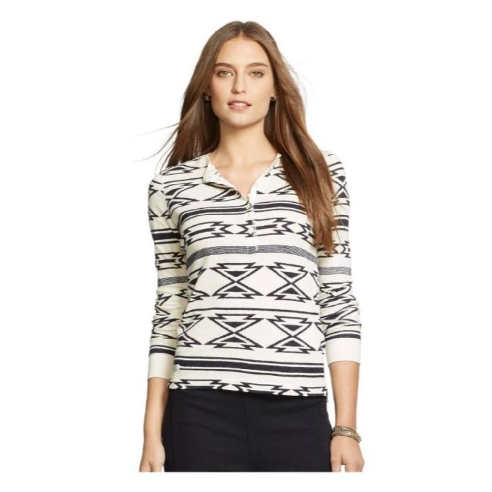 Lauren Ralph Lauren Womens L Ivory Southwestern Waffle Knit Henley Thermal Top